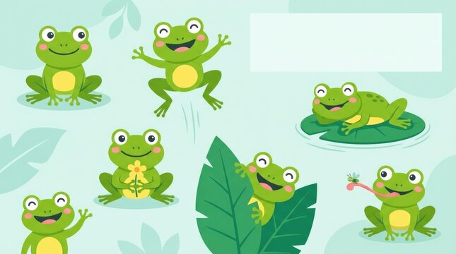 Cute cartoon frog collection with happy facial expressions, sitting, jumping, waving, resting on a lily pad, holding a small flower, catching a tiny i