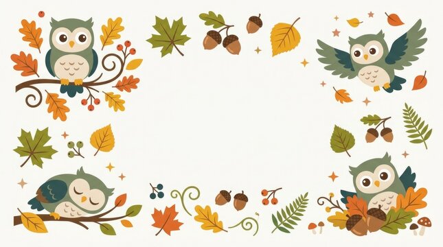 Cute owl clipart pack with playful baby owls flying, sitting on branches, peeking from a tree hollow, watching butterflies, holding tiny flowers and s