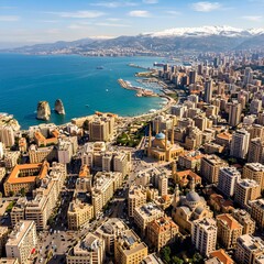 Fototapeta premium Beirut cityscape aerial view Mediterranean Sea Pigeon Rocks Mosques Lebanon
