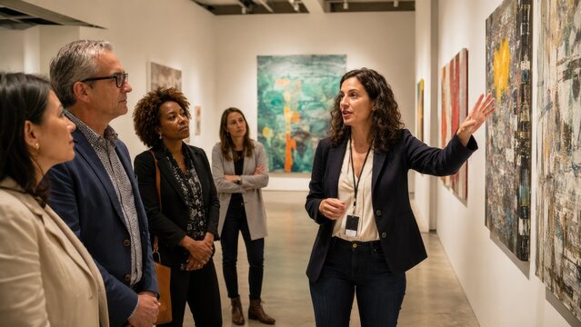 Docent giving a guided gallery tour as a small group of adults attentively view contemporary paintings on white-walled gallery walls