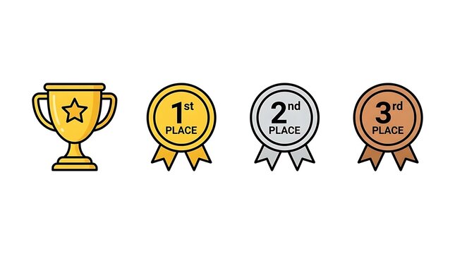 Achievement icons trophy and gold silver bronze medals.
