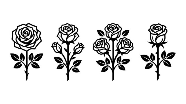 Black rose flower silhouette graphic set.
