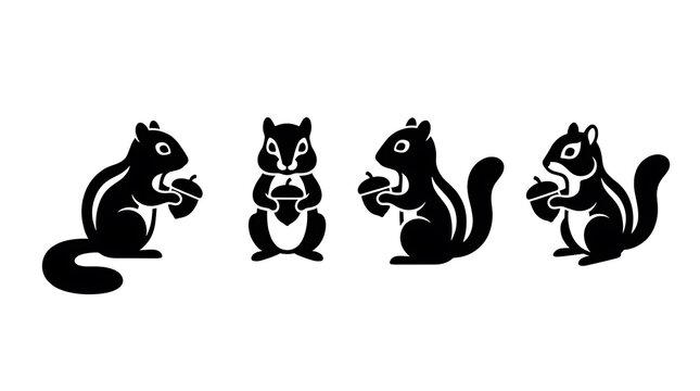Black squirrel silhouettes holding acorns in various poses.