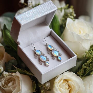 Silver earrings with opal gemstones in box