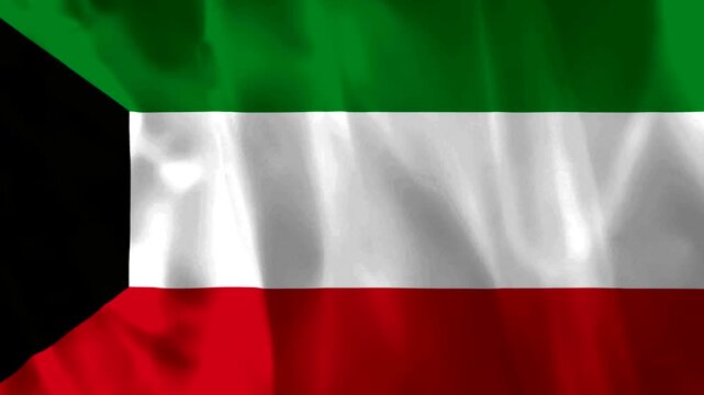 Waving flag of Kuwait featuring green white and red stripes with a black trapezoid