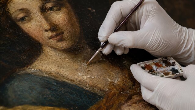 Conservator in gloves retouches and cleans an aged oil portrait with a fine brush and palette, repairing craquelure and varnish in close-up