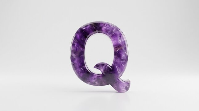 Amethyst crystal letter Q, purple gemstone alphabet character, 3D mineral stone typography for luxury branding and jewelry design isolated PNG with Transparent Background