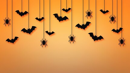Fototapeta premium Hanging bats and spiders on orange background