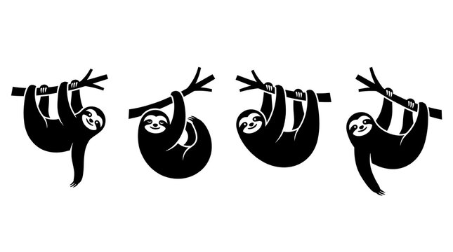 Cute sloth silhouettes hanging from tree branches.