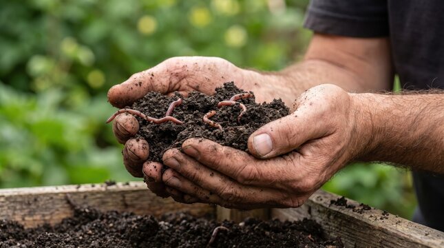 Organic soil quality check by a farmer holding earthworms and healthy dirt during agricultural field work.