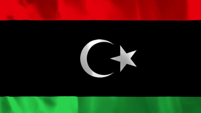 National flag of Libya with a red black and green horizontal striped pattern and white crescent moon and star