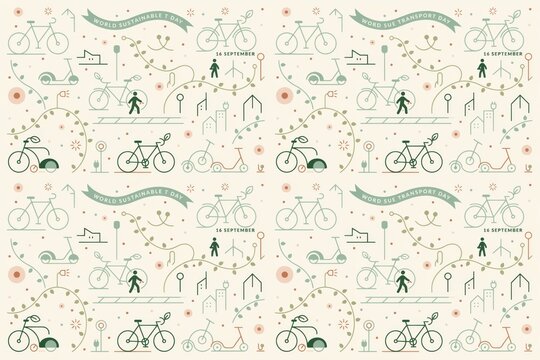 Sustainable transport themed seamless pattern with line of bicycles, scooters, pedestrians, and urban on a light background