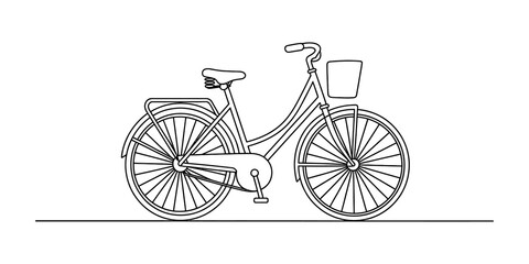 continuous line drawing Simple black outline icon of a classic city bicycle with a front basket © Graphics Art
