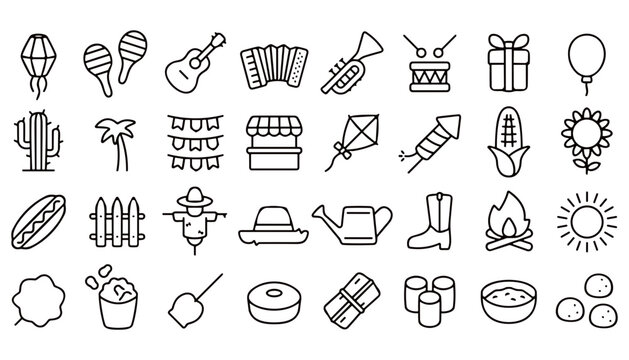  Festa Junina Icon Set with Outline Brazilian June Festival Symbols Including Accordion, Scarecrow, Corn, Bonfire, Lantern, and Traditional Food for Celebration Posters and Graphic Design