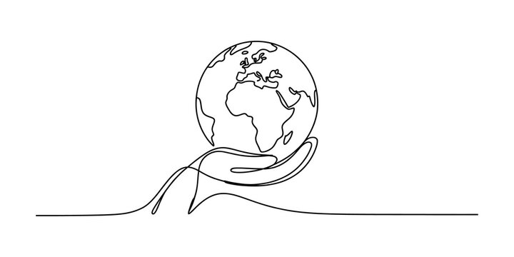 Continuous single line drawing of a human hand holding the planet earth globe