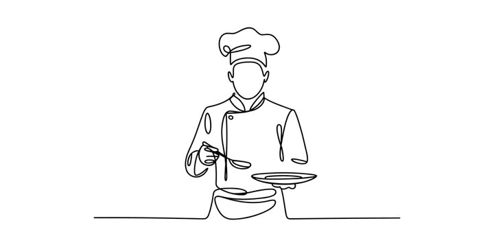 Continuous one line drawing of a chef holding a spoon and an empty plate