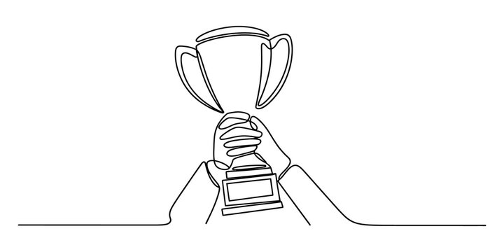 Continuous line drawing of a pair of hands holding a golden trophy cup