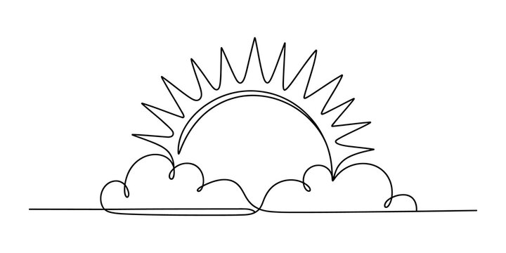 Continuous single line drawing of a sun rising behind soft fluffy clouds