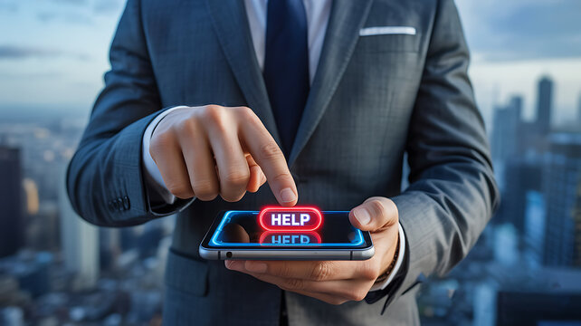 Businessman's finger presses glowing 'HELP' button on smartphone during city skyline sunset