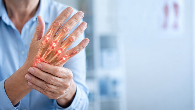 Elderly patient holding painful hand and wrist with glowing red highlights indicating joint inflammation and arthritis