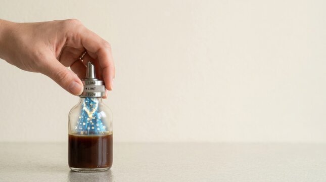 Someone placing a blue flower in a bottle representing business bottleneck visualized as a narrow point limiting output