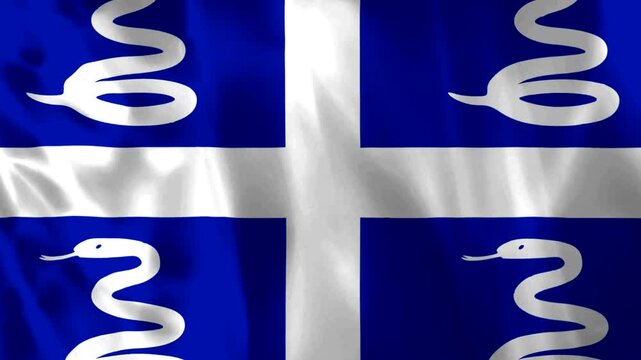 Waving flag of Martinique featuring a blue field with white cross and four white snakes in each corner