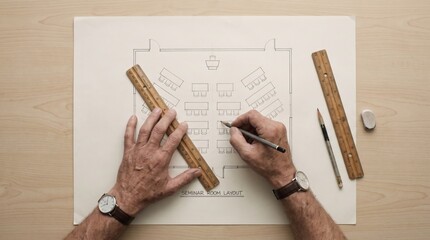 Fototapeta premium Hands sketching seminar floor plan layout ruler pencil desk drawing architect designer blueprint paper workspace drafting measurement wood table office planning interior room diagram hand tool