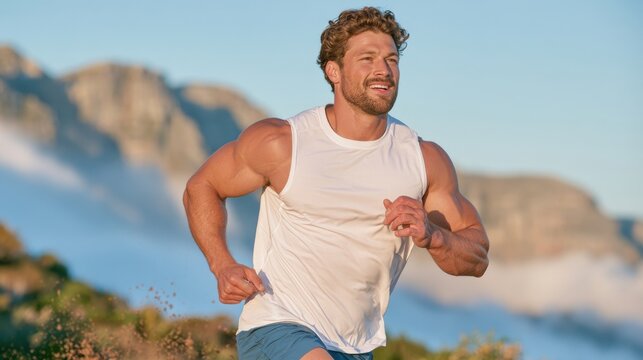 Muscular runner mid stride on mountain trail at dawn with misty background