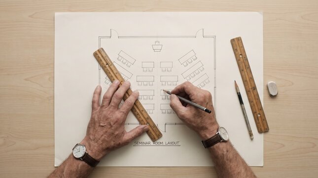 Hands sketching seminar floor plan layout ruler pencil desk drawing architect designer blueprint paper workspace drafting measurement wood table office planning interior room diagram hand tool