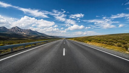 Obraz premium Straight empty highway stretching to the horizon with mountains, scrubland, blue sky and dramatic clouds in a wide open scenic landscape