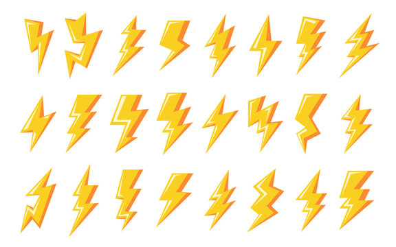 Striking variety of lightning bolt icons in yellow and orange, symbolizing energy, power, and alert.