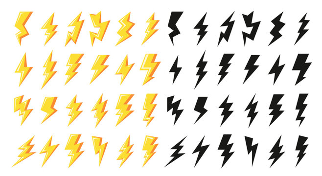 Extensive collection of dynamic lightning bolt icons in vibrant yellow and stark black, representing energy, power, and speed.