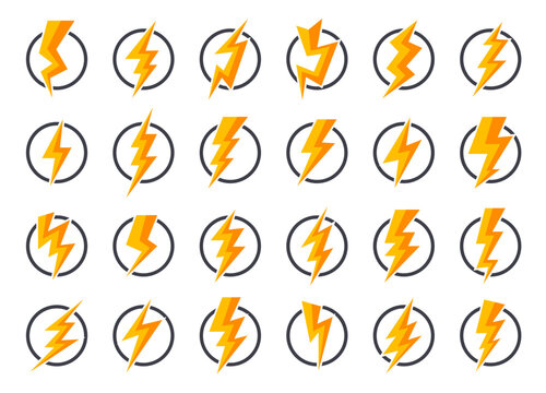 Dynamic set of vibrant yellow and orange electric lightning bolt icons within circular outlines.