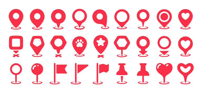 Versatile red map markers and location pin icons for diverse navigation, mapping, and points of interest.