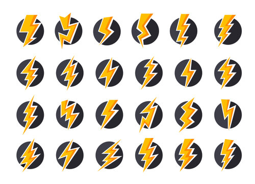 Modern design elements powerful yellow lightning bolt icons inside sleek dark circles, energy concept.