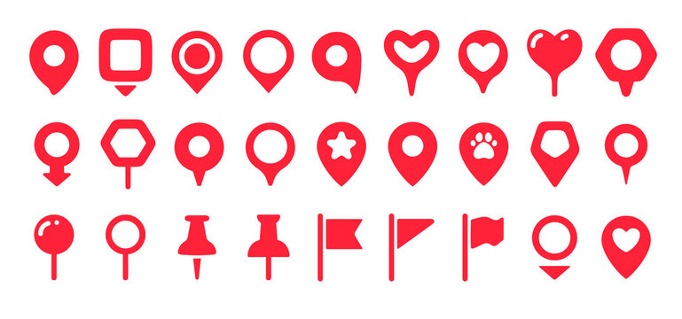 Vibrant red map pin icon collection for travel, navigation, finding places, and marking locations