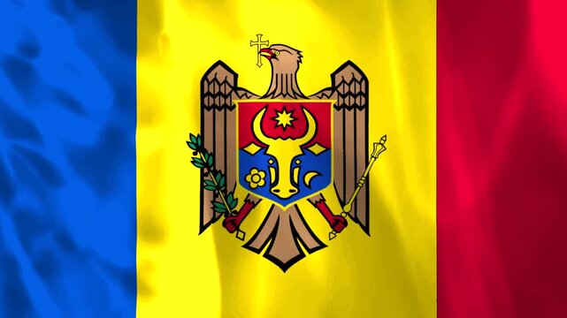 Waving national flag of Moldova with blue yellow and red stripes and the coat of arms