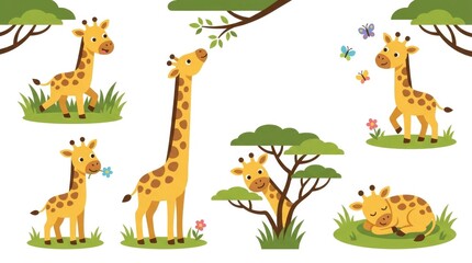 Fototapeta premium Cute giraffe clipart pack with playful baby giraffes walking through grass, stretching their long necks toward leaves, following butterflies, holding