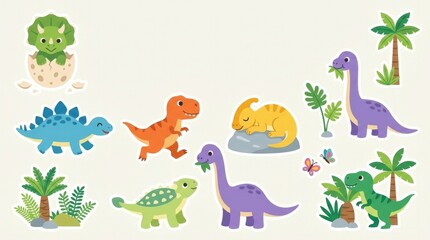 Fototapeta premium Cute dinosaur clipart pack with playful baby dinosaurs hatching from eggs, walking, running, eating leaves, resting, chasing butterflies and exploring