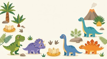 Obraz premium Cute prehistoric dinosaur clipart set with baby dinosaurs, dinosaur eggs, footprints, ferns, cycads, rocks and a simple volcano silhouette, multiple p