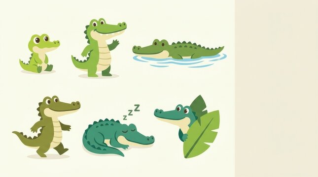 Cute crocodile clipart pack with playful crocodiles swimming, splashing, resting on a riverbank, peeking from water, watching butterflies and holding