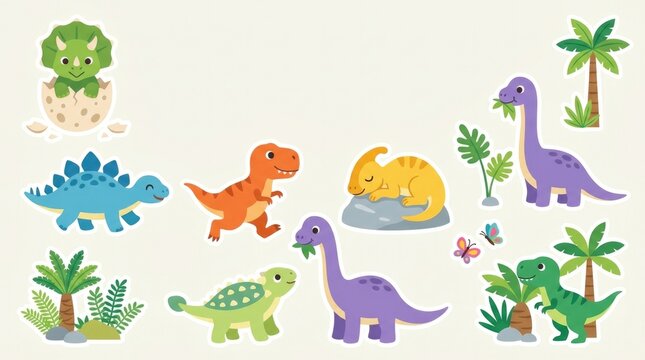 Cute dinosaur clipart pack with playful baby dinosaurs hatching from eggs, walking, running, eating leaves, resting, chasing butterflies and exploring
