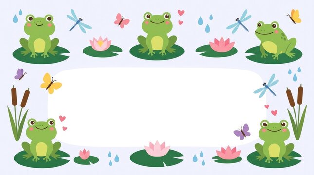 Cute frog clipart pack with playful poses, lily pads, water lilies, cattails, dragonflies, butterflies, raindrops and tiny hearts, cheerful children's