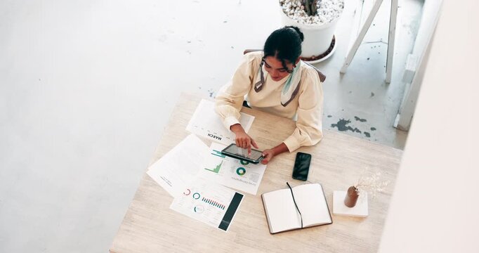 Business woman, documents or analytics with tablet for company performance or statistics above at office. Top view, female person or financial analyst on technology for data review, profit or revenue