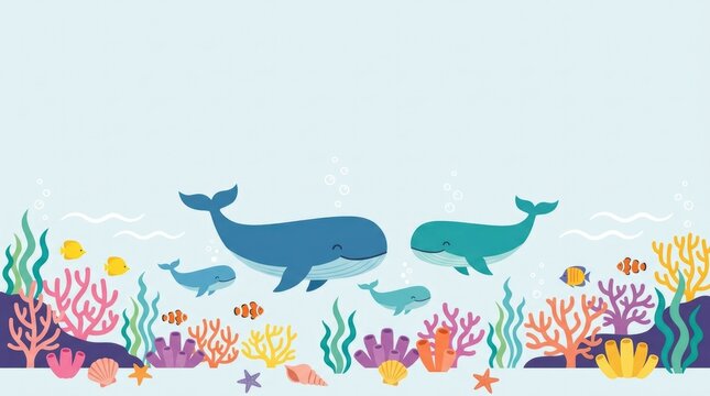Cute ocean whale clipart set with baby whales, simple waves, colorful corals, seaweed, bubbles, tiny tropical fish, shells and starfish, whales swimmi