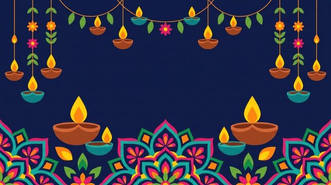 Decorative banner with warm diyas on a dark background and colorful rangoli at the threshold. Flat vector illustration, modern editable vector style