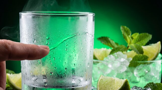 coldglass condensation lime mint drink refreshing hand closeup summer cold shows a fingertip touching chilled transparent glass beside citrus herbs and crushed ice for beverage advertising