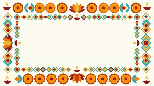 Elegant Diwali border featuring rangoli-inspired geometric ornaments, marigold flowers, lotus petals, subtle diya decorations, generous clean copy spa