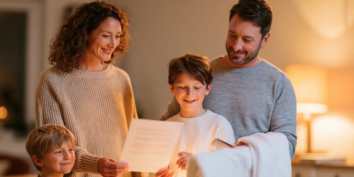 Happy family reading letter together indoors