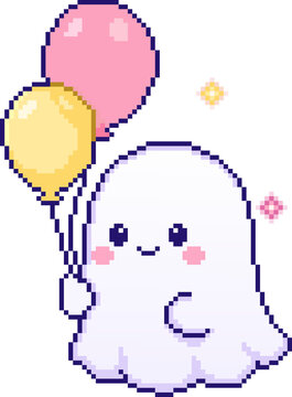 Pixel Art Cute Kawaii Ghost Character Holding Pink and Yellow Balloons Birthday Party Spirit 8 Bit Retro Pixelated Mascot Icon for Video Games Mobile Apps Stickers and Party Design